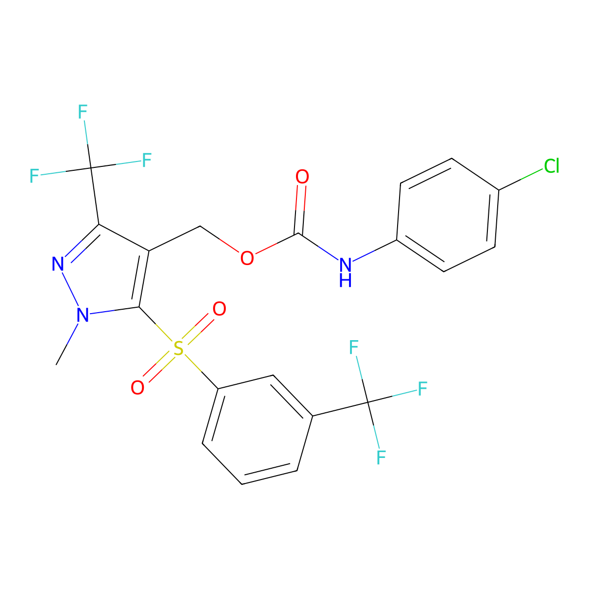 (1-methyl-3-(trifluoromethyl)-5-{[3-(trifluoromethyl)phenyl]sulfonyl}-1H-pyrazol-4-yl)methyl N-(4-chlorophenyl)carbamate molecular structure, CAS 318469-25-9