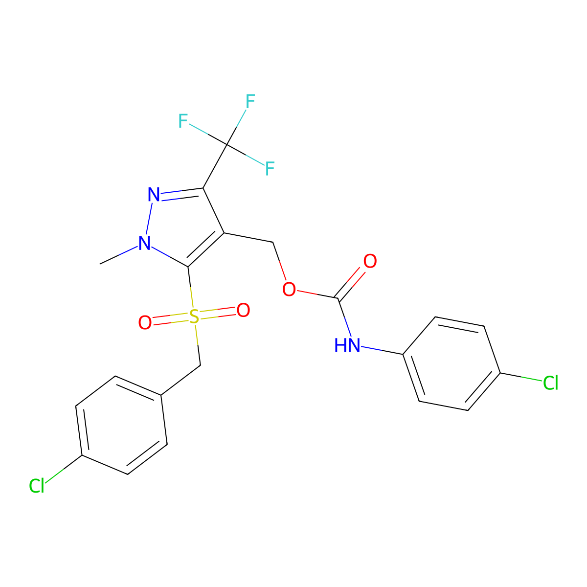 [5-[(4-chlorobenzyl)sulfonyl]-1-methyl-3-(trifluoromethyl)-1H-pyrazol-4-yl]methyl N-(4-chlorophenyl)carbamate molecular structure, CAS 318469-51-1