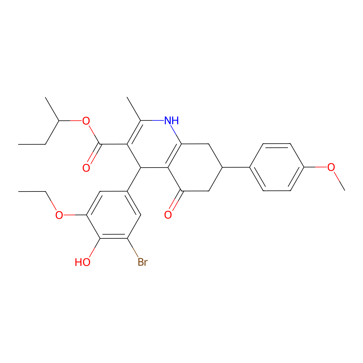Butan-2-yl 4-(3-bromo-5-ethoxy-4-hydroxyphenyl)-7-(4-methoxyphenyl)-2-methyl-5-oxo-1,4,5,6,7,8-hexahydroquinoline-3-carboxylate molecular structure, CAS 318480-16-9