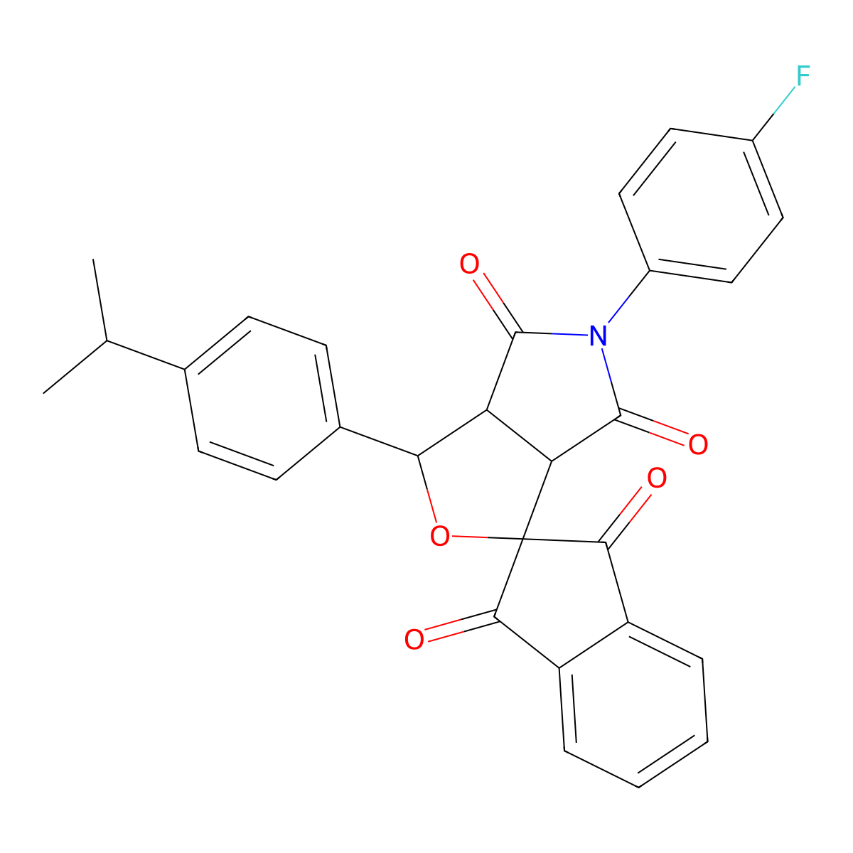 5-(4-fluorophenyl)-1-(4-propan-2-ylphenyl)spiro[3a,6a-dihydro-1H-furo[3,4-c]pyrrole-3,2'-indene]-1',3',4,6-tetrone molecular structure, CAS 318480-23-8