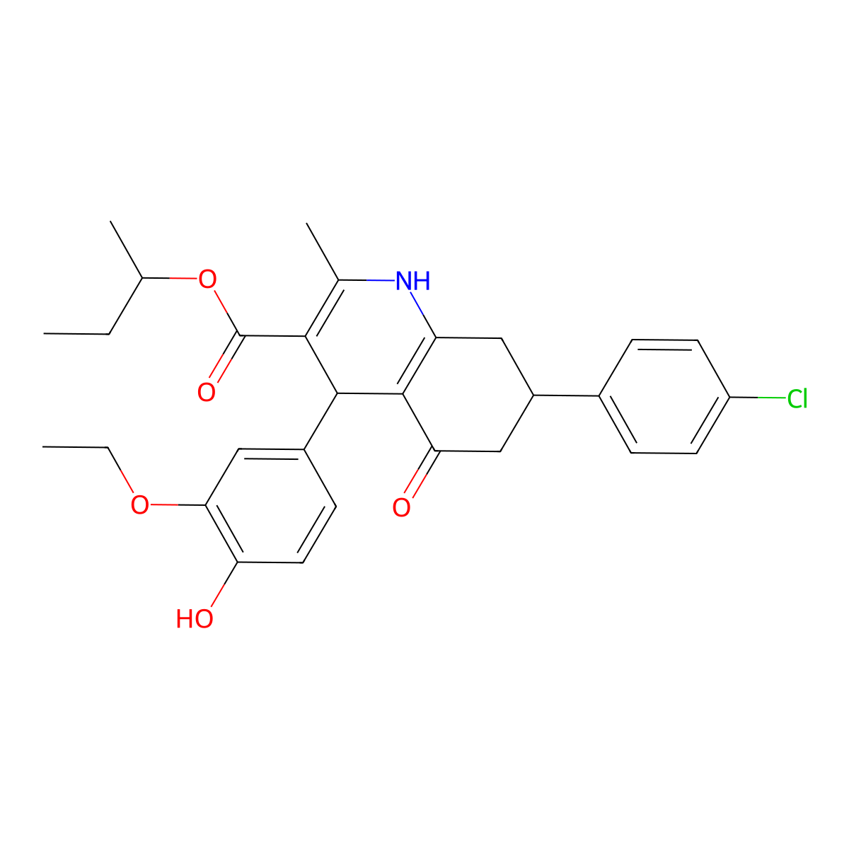 Butan-2-yl 7-(4-chlorophenyl)-4-(3-ethoxy-4-hydroxyphenyl)-2-methyl-5-oxo-1,4,5,6,7,8-hexahydroquinoline-3-carboxylate molecular structure, CAS 318480-29-4