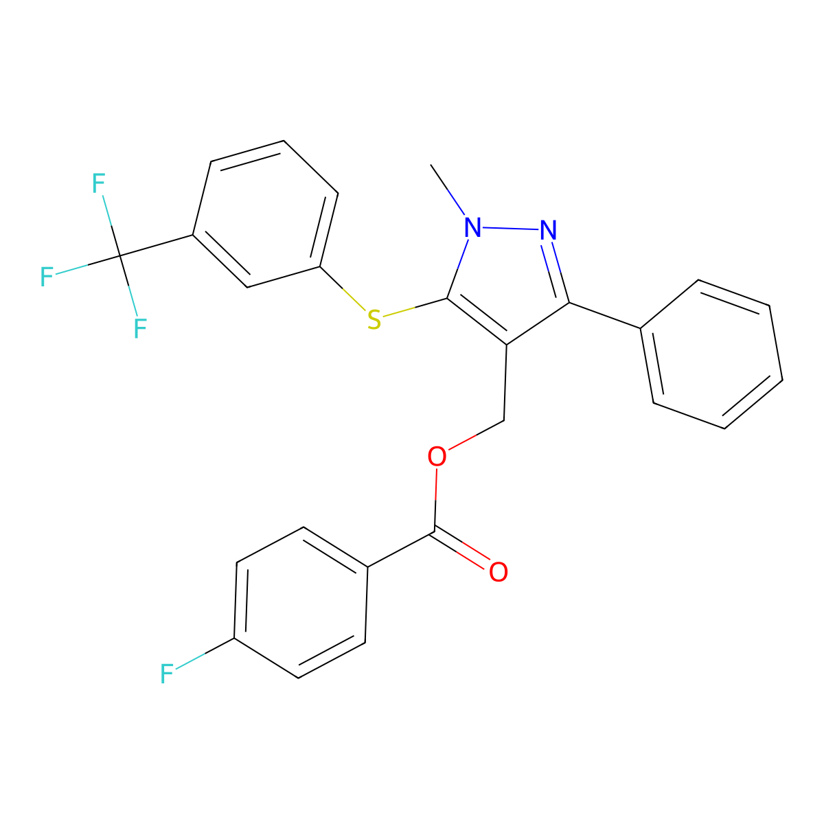 (1-methyl-3-phenyl-5-{[3-(trifluoromethyl)phenyl]sulfanyl}-1H-pyrazol-4-yl)methyl 4-fluorobenzenecarboxylate molecular structure, CAS 318497-68-6