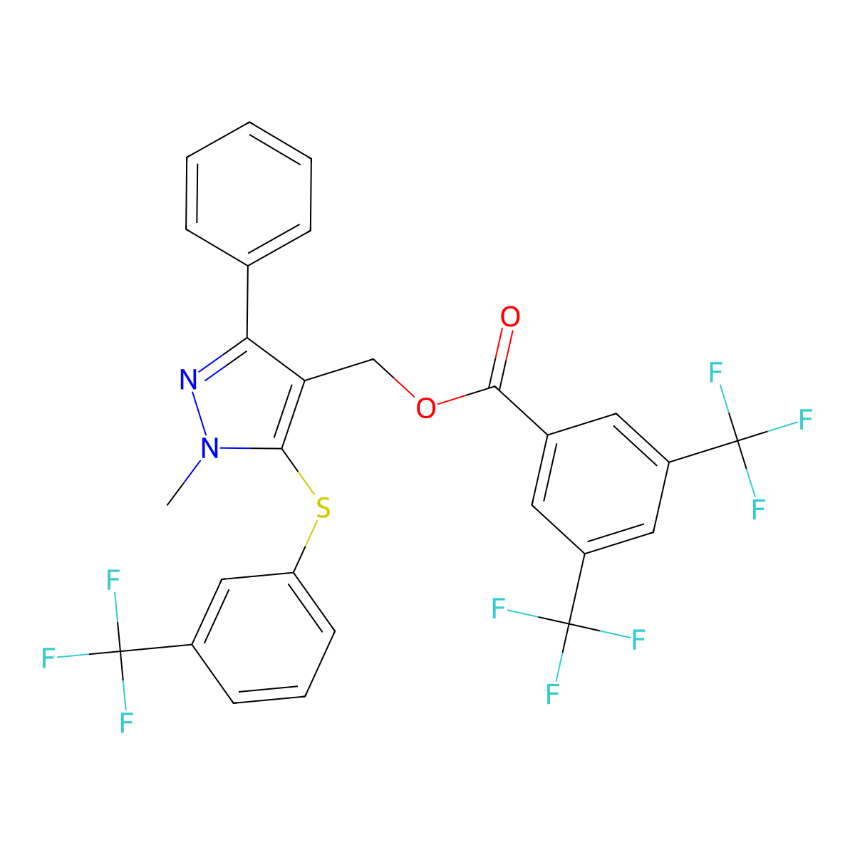 (1-methyl-3-phenyl-5-{[3-(trifluoromethyl)phenyl]sulfanyl}-1H-pyrazol-4-yl)methyl 3,5-bis(trifluoromethyl)benzenecarboxylate molecular structure, CAS 318497-74-4