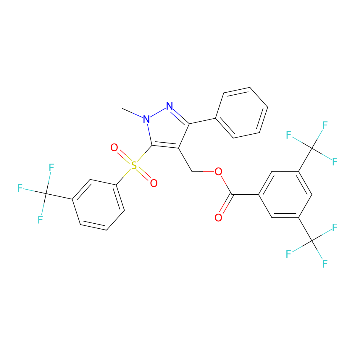 (1-methyl-3-phenyl-5-{[3-(trifluoromethyl)phenyl]sulfonyl}-1H-pyrazol-4-yl)methyl 3,5-bis(trifluoromethyl)benzenecarboxylate molecular structure, CAS 318497-76-6
