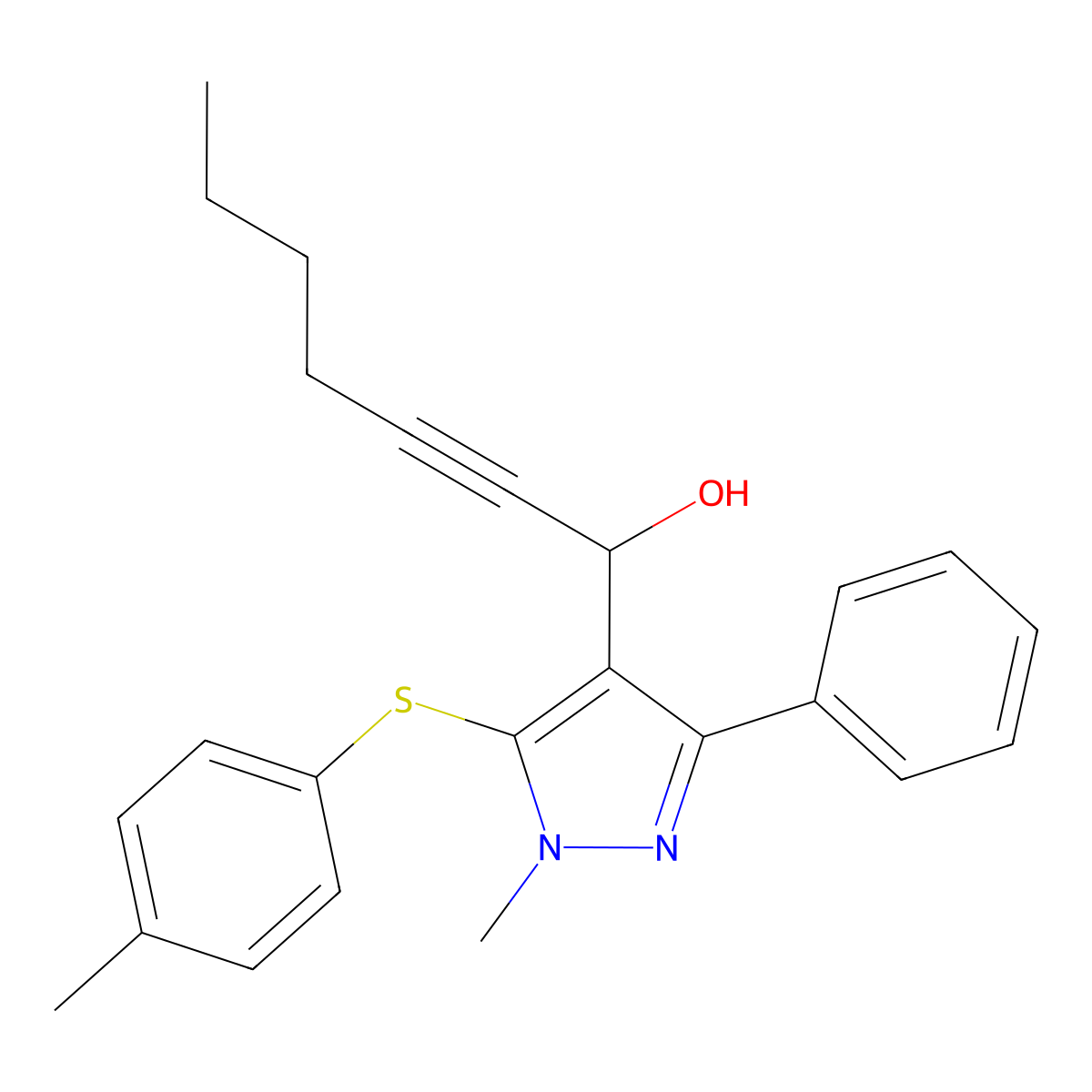 1-{1-methyl-5-[(4-methylphenyl)sulfanyl]-3-phenyl-1H-pyrazol-4-yl}-2-heptyn-1-ol molecular structure, CAS 318949-13-2
