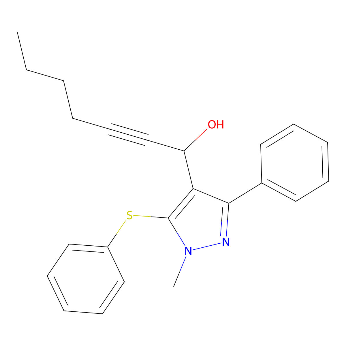 1-[1-methyl-3-phenyl-5-(phenylsulfanyl)-1H-pyrazol-4-yl]-2-heptyn-1-ol molecular structure, CAS 318949-14-3