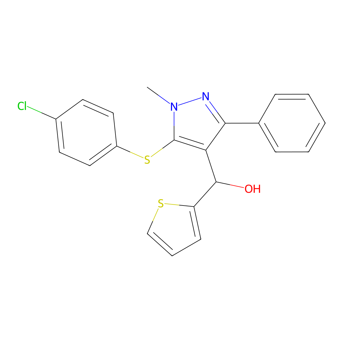 {5-[(4-chlorophenyl)sulfanyl]-1-methyl-3-phenyl-1H-pyrazol-4-yl}(thiophen-2-yl)methanol molecular structure, CAS 318949-16-5