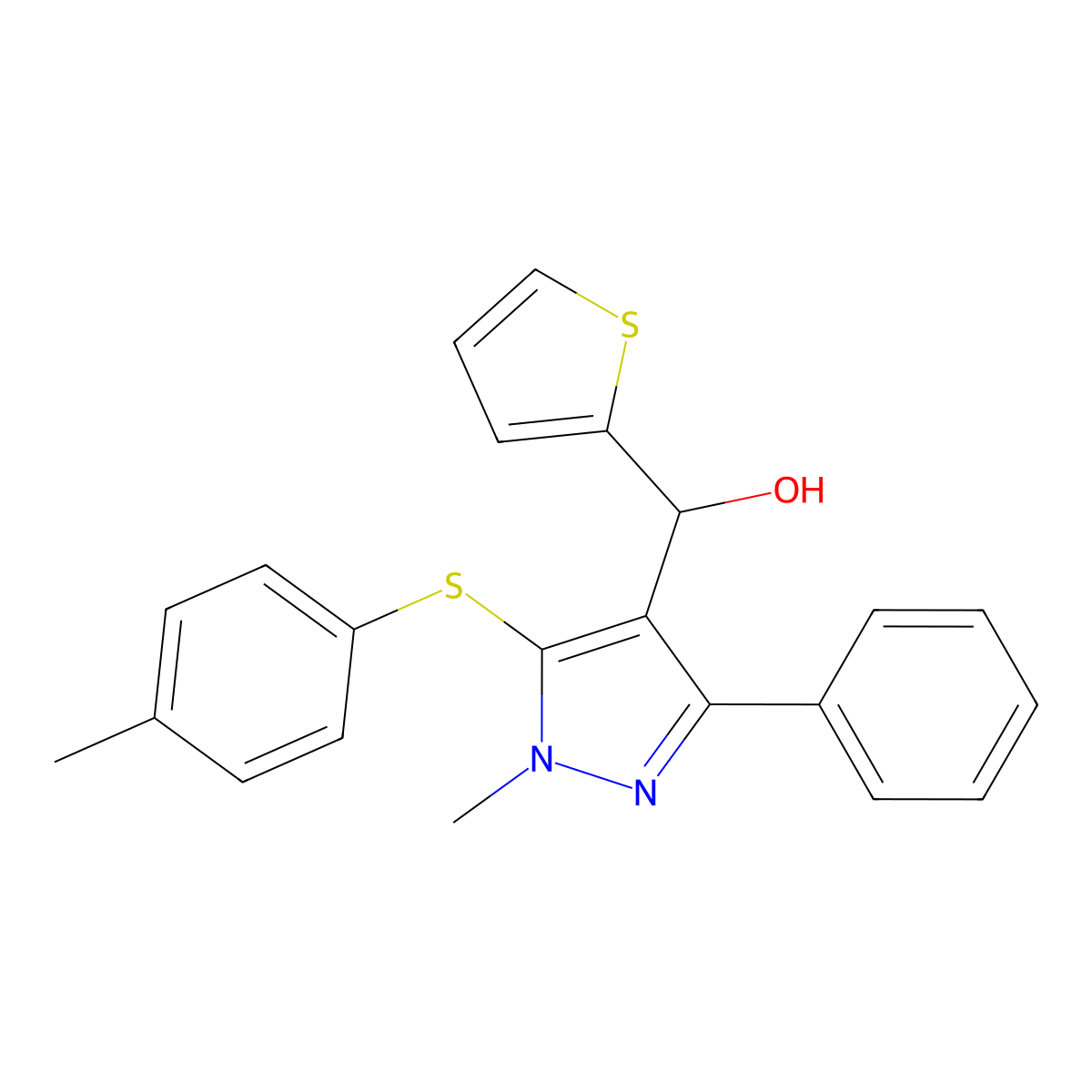 {1-methyl-5-[(4-methylphenyl)sulfanyl]-3-phenyl-1H-pyrazol-4-yl}(thiophen-2-yl)methanol molecular structure, CAS 318949-17-6