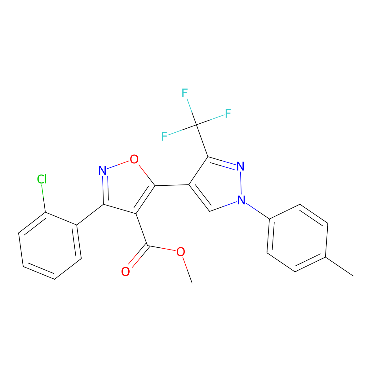 methyl 3-(2-chlorophenyl)-5-[1-(4-methylphenyl)-3-(trifluoromethyl)-1H-pyrazol-4-yl]-1,2-oxazole-4-carboxylate molecular structure, CAS 318949-18-7