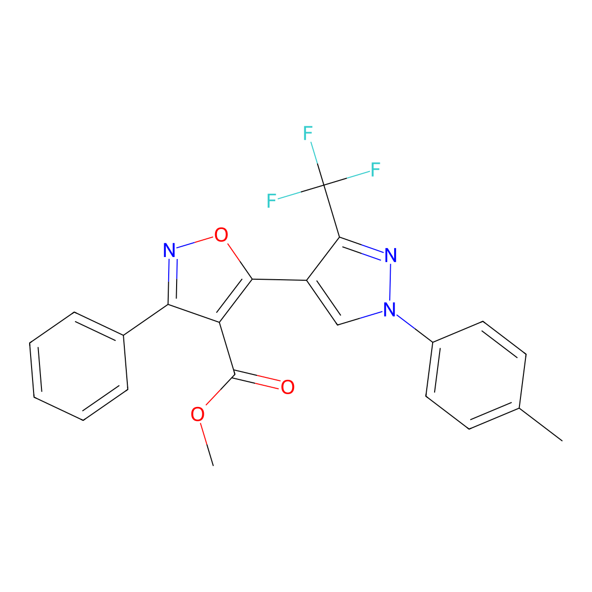 Methyl 5-[1-(4-methylphenyl)-3-(trifluoromethyl)pyrazol-4-yl]-3-phenyl-1,2-oxazole-4-carboxylate molecular structure, CAS 318949-19-8