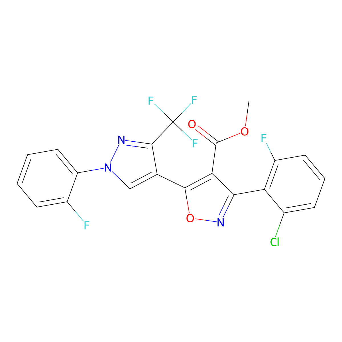 methyl 3-(2-chloro-6-fluorophenyl)-5-[1-(2-fluorophenyl)-3-(trifluoromethyl)-1H-pyrazol-4-yl]-1,2-oxazole-4-carboxylate molecular structure, CAS 318949-20-1