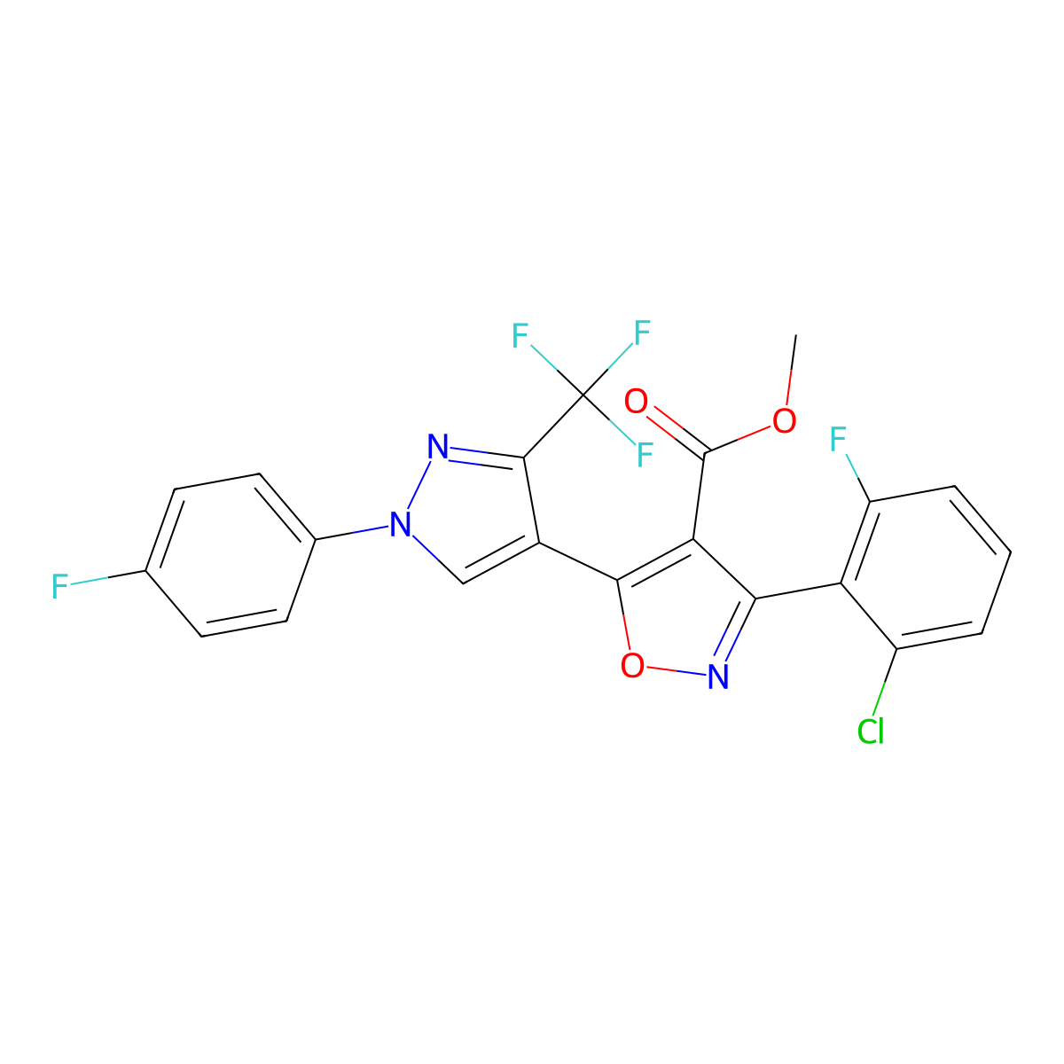 methyl 3-(2-chloro-6-fluorophenyl)-5-[1-(4-fluorophenyl)-3-(trifluoromethyl)-1H-pyrazol-4-yl]-1,2-oxazole-4-carboxylate molecular structure, CAS 318949-21-2