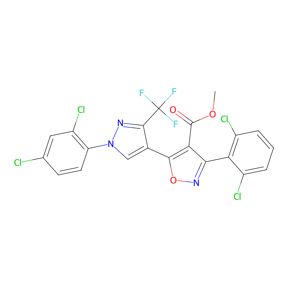 methyl 3-(2,6-dichlorophenyl)-5-[1-(2,4-dichlorophenyl)-3-(trifluoromethyl)-1H-pyrazol-4-yl]-1,2-oxazole-4-carboxylate molecular structure, CAS 318949-22-3