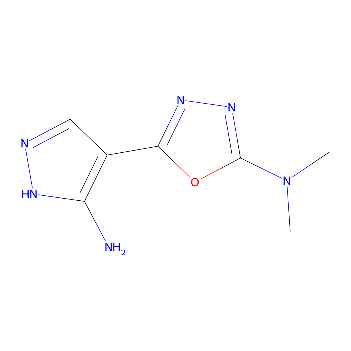 5-(5-amino-1H-pyrazol-4-yl)-N,N-dimethyl-1,3,4-oxadiazol-2-amine molecular structure, CAS 318949-49-4