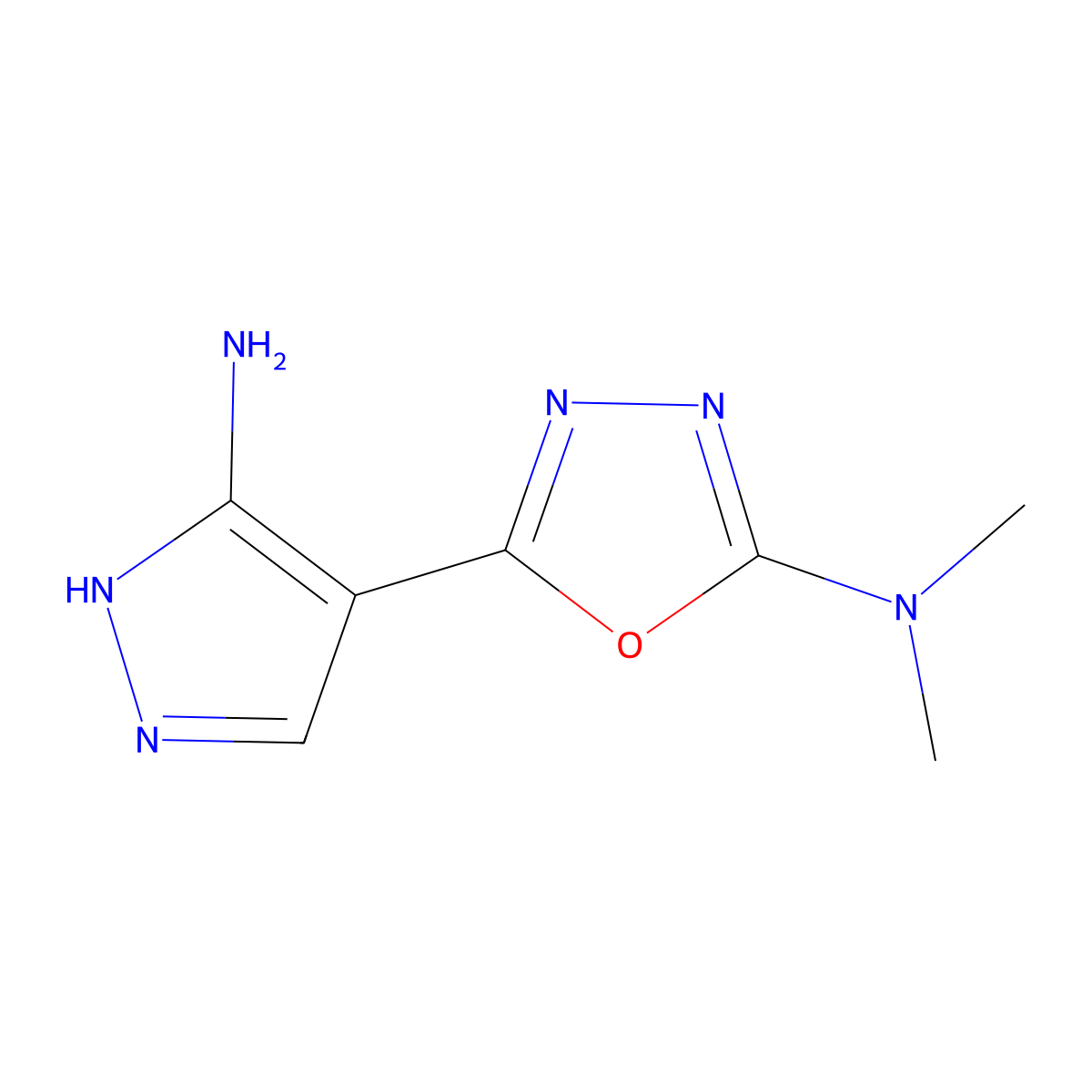 5-(5-amino-1H-pyrazol-4-yl)-N,N-dimethyl-1,3,4-oxadiazol-2-amine molecular structure, CAS 318949-49-4