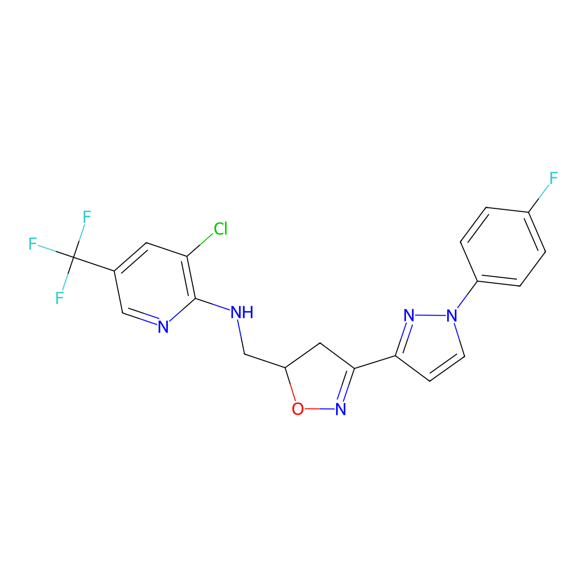 3-chloro-N-({3-[1-(4-fluorophenyl)-1H-pyrazol-3-yl]-4,5-dihydro-5-isoxazolyl}methyl)-5-(trifluoromethyl)-2-pyridinamine molecular structure, CAS 318951-75-6