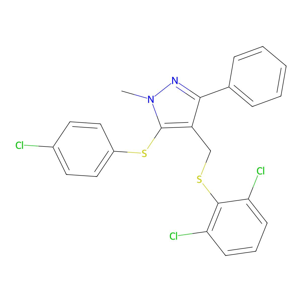 5-[(4-chlorophenyl)sulfanyl]-4-{[(2,6-dichlorophenyl)sulfanyl]methyl}-1-methyl-3-phenyl-1H-pyrazole molecular structure, CAS 318951-85-8