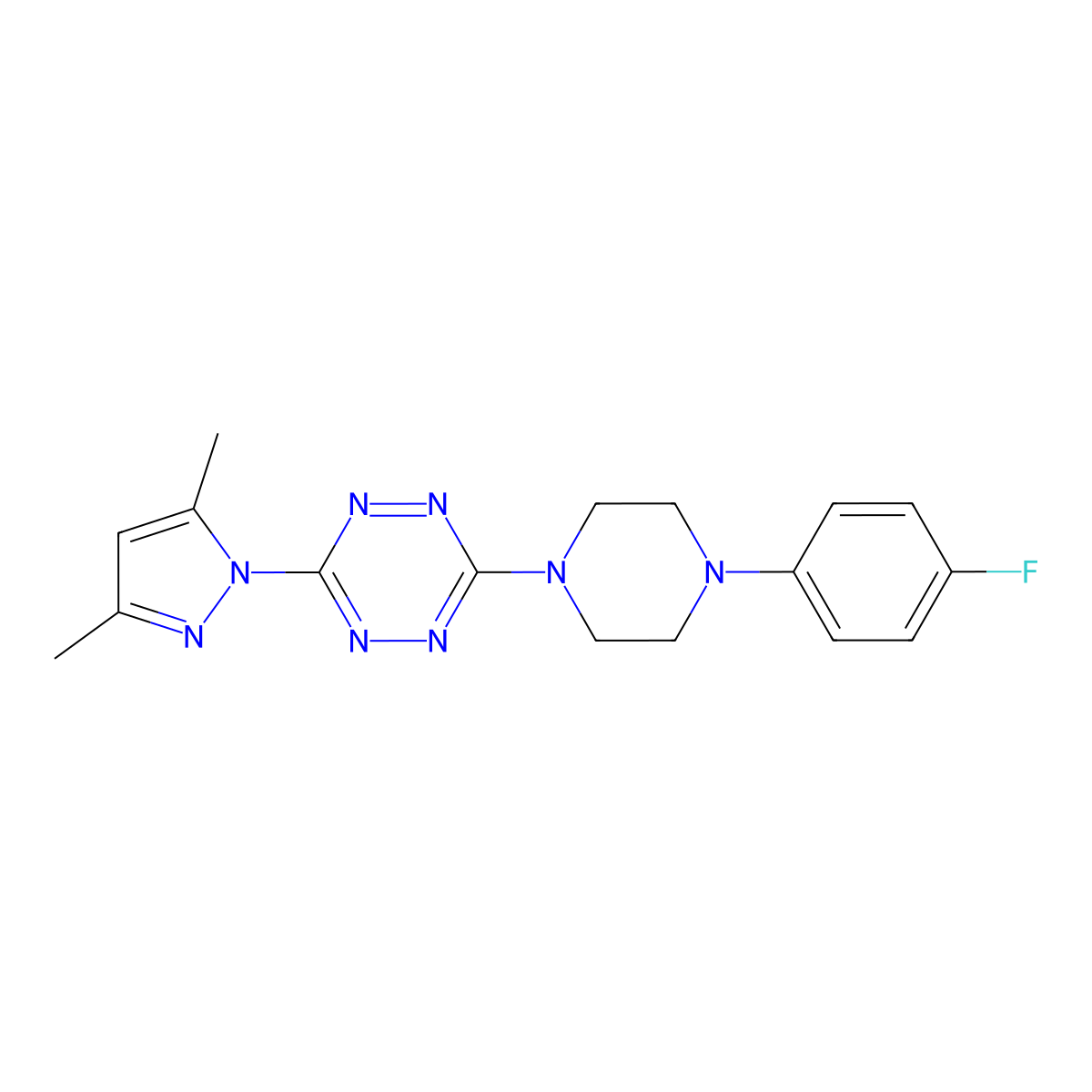 3-(3,5-Dimethyl-1-pyrazolyl)-6-[4-(4-fluorophenyl)-1-piperazinyl]-1,2,4,5-tetrazine molecular structure, CAS 318958-95-1
