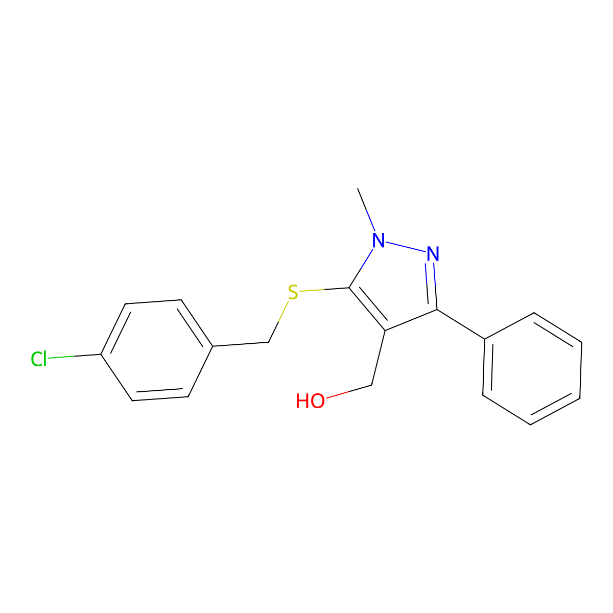 {5-[(4-chlorobenzyl)sulfanyl]-1-methyl-3-phenyl-1H-pyrazol-4-yl}methanol molecular structure, CAS 318959-22-7