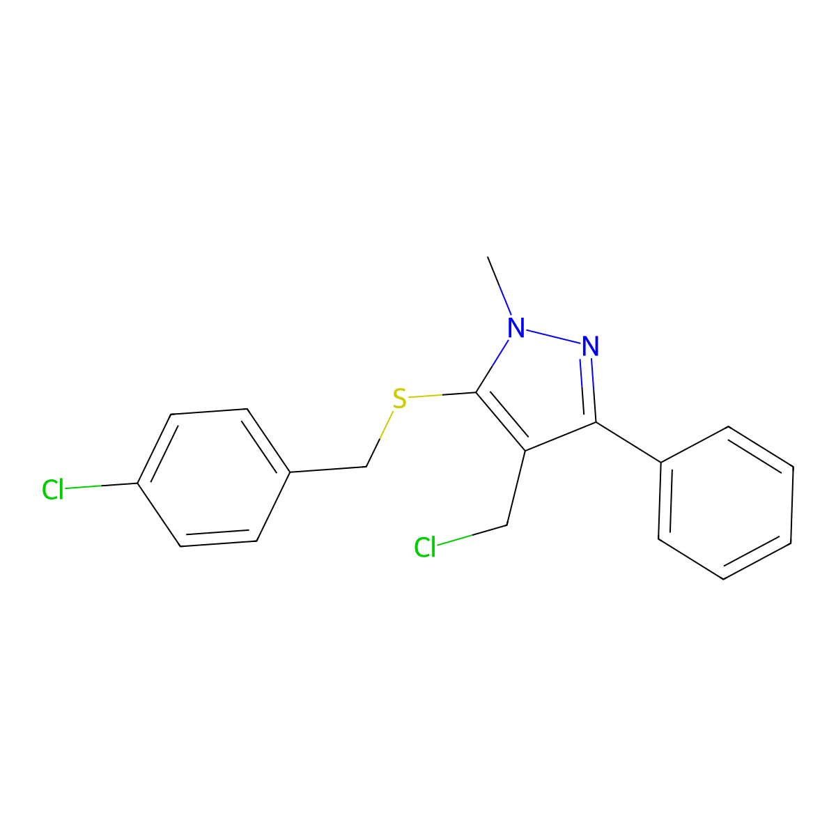 4-chlorobenzyl 4-(chloromethyl)-1-methyl-3-phenyl-1H-pyrazol-5-yl sulfide molecular structure, CAS 318959-23-8