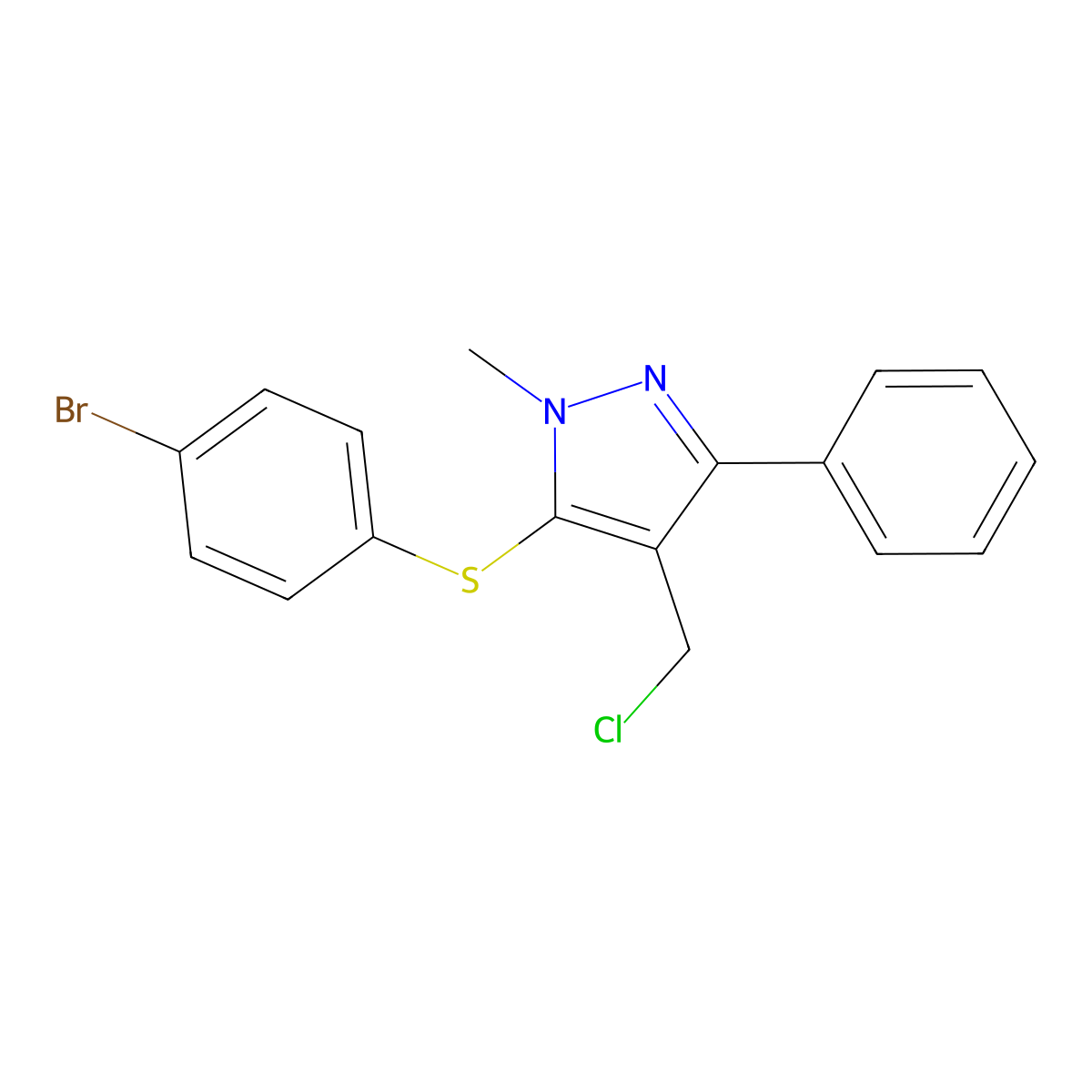 4-bromophenyl 4-(chloromethyl)-1-methyl-3-phenyl-1H-pyrazol-5-yl sulfide molecular structure, CAS 318959-24-9