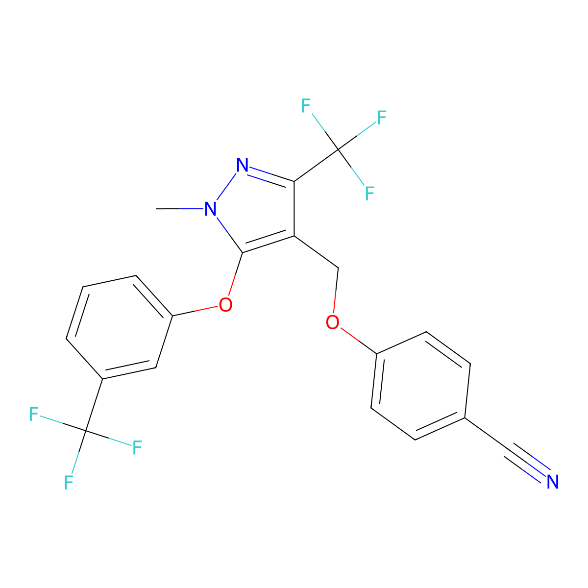 4-[[1-Methyl-3-(trifluoromethyl)-5-[3-(trifluoromethyl)phenoxy]pyrazol-4-yl]methoxy]benzonitrile molecular structure, CAS 318959-27-2