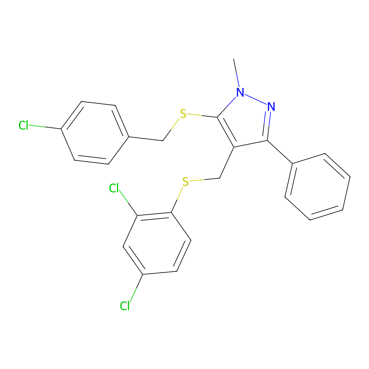 5-{[(4-chlorophenyl)methyl]sulfanyl}-4-{[(2,4-dichlorophenyl)sulfanyl]methyl}-1-methyl-3-phenyl-1H-pyrazole molecular structure, CAS 318959-32-9