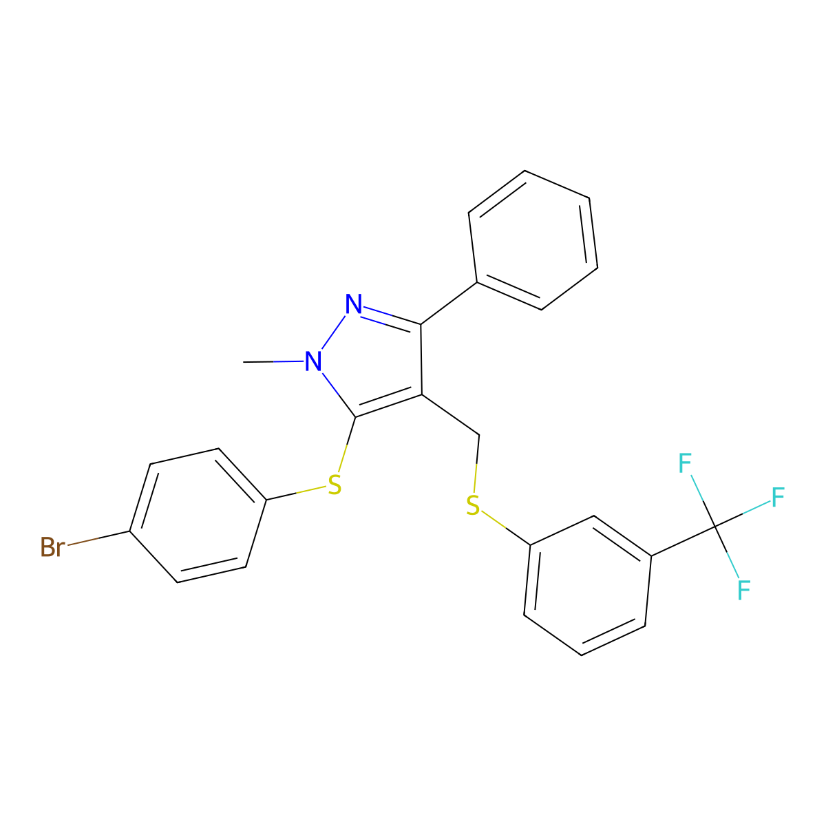 5-(4-Bromophenyl)sulfanyl-1-methyl-3-phenyl-4-[[3-(trifluoromethyl)phenyl]sulfanylmethyl]pyrazole molecular structure, CAS 318959-33-0