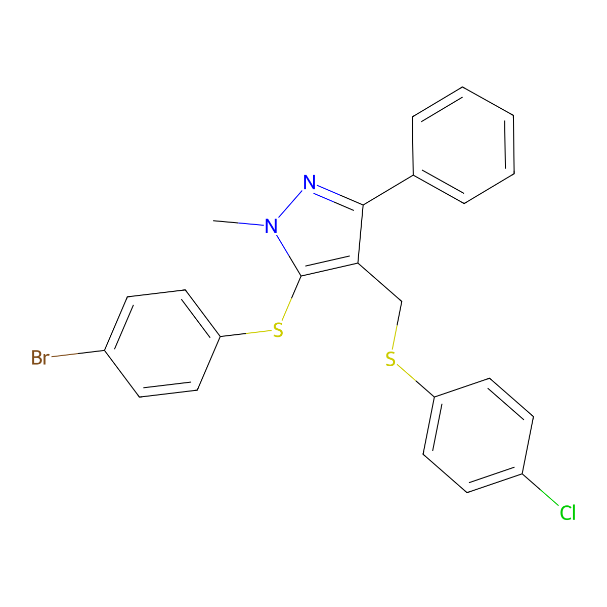 4-bromophenyl 4-{[(4-chlorophenyl)sulfanyl]methyl}-1-methyl-3-phenyl-1H-pyrazol-5-yl sulfide molecular structure, CAS 318959-34-1