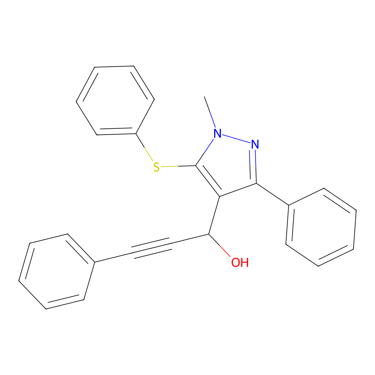 1-[1-methyl-3-phenyl-5-(phenylsulfanyl)-1H-pyrazol-4-yl]-3-phenyl-2-propyn-1-ol molecular structure, CAS 318959-35-2