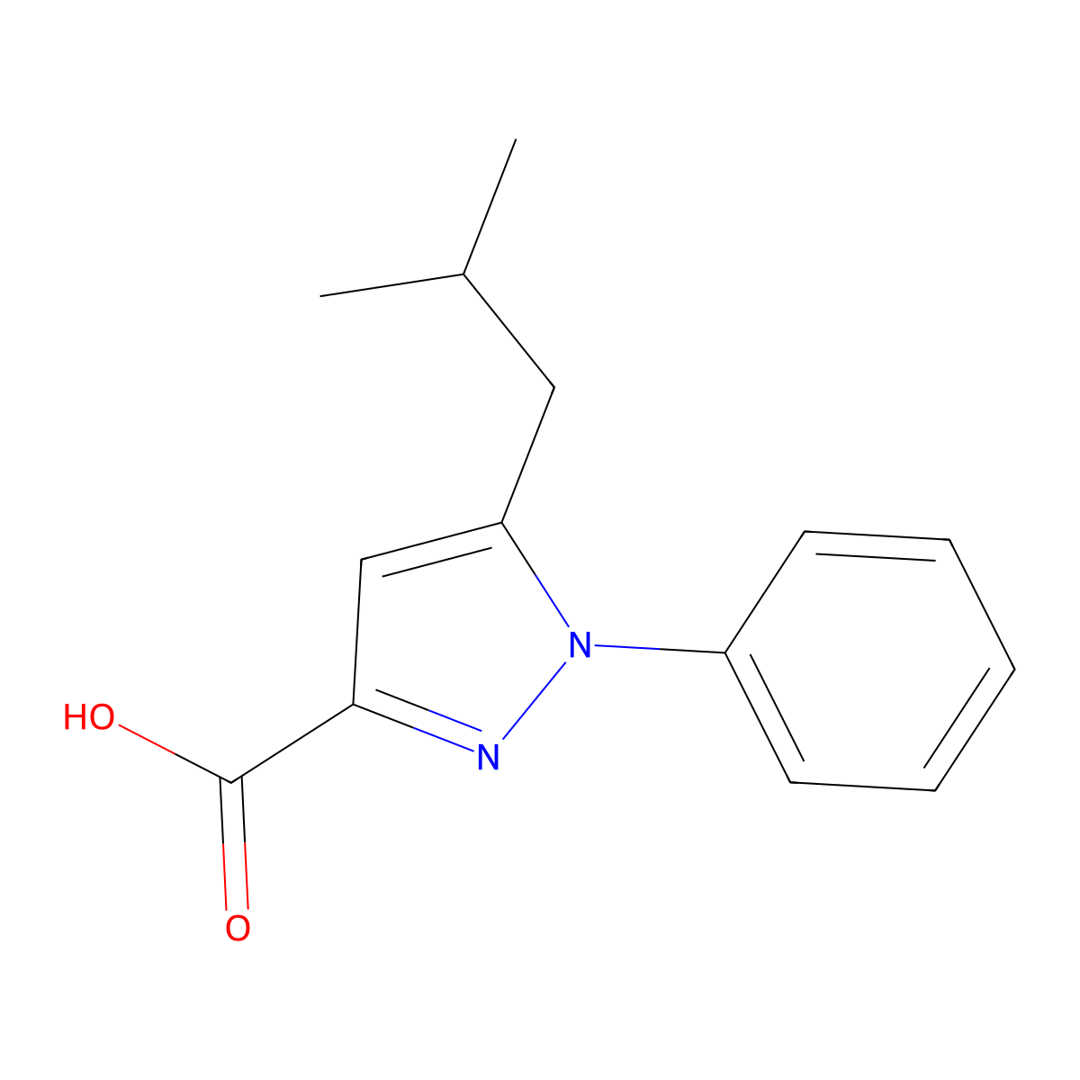 5-(2-methylpropyl)-1-phenyl-1H-pyrazole-3-carboxylic acid molecular structure, CAS 3191-85-3