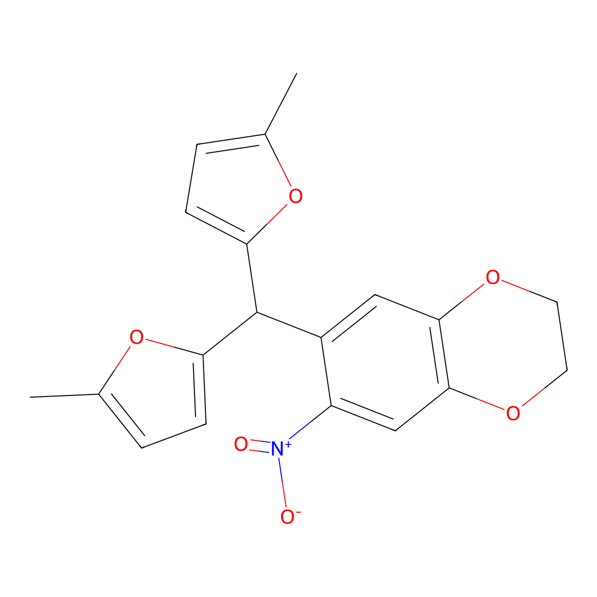 7-[Bis(5-methylfuran-2-yl)methyl]-6-nitro-2,3-dihydro-1,4-benzodioxine molecular structure, CAS 319432-03-6