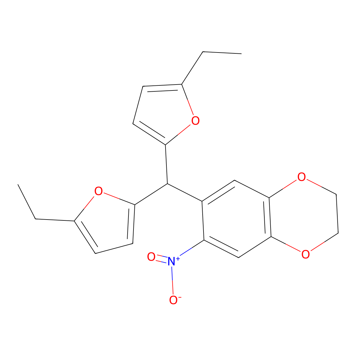 7-[Bis(5-ethylfuran-2-yl)methyl]-6-nitro-2,3-dihydro-1,4-benzodioxine molecular structure, CAS 319432-04-7