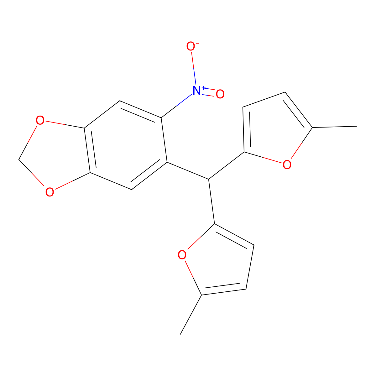 5-[Bis(5-methylfuran-2-yl)methyl]-6-nitro-1,3-benzodioxole molecular structure, CAS 319432-05-8
