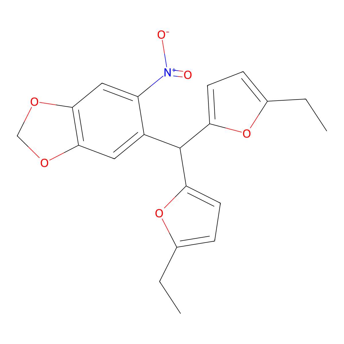 5-[Bis(5-ethylfuran-2-yl)methyl]-6-nitro-1,3-benzodioxole molecular structure, CAS 319432-06-9