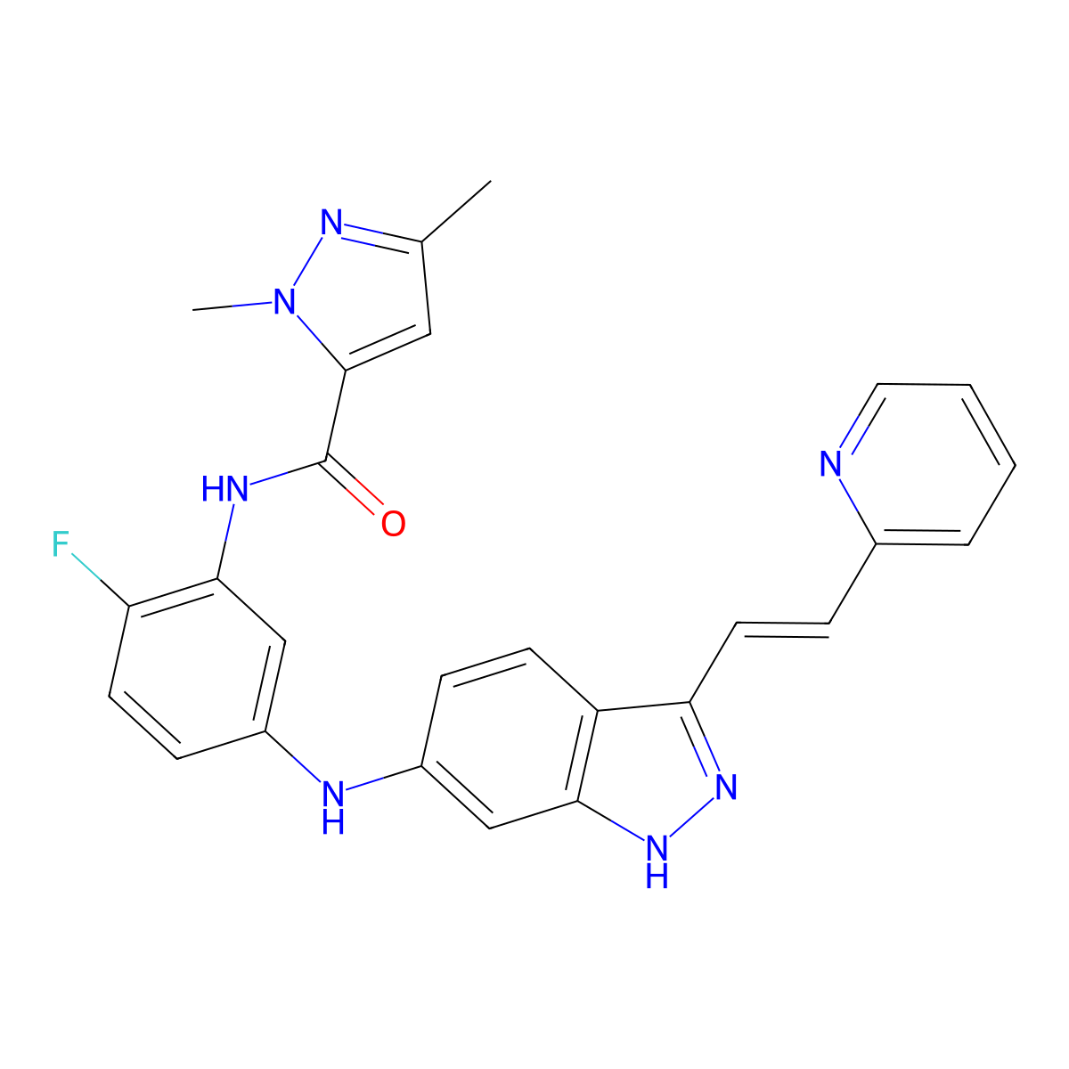 N-[2-Fluoro-5-[[3-[(1E)-2-(2-pyridinyl)ethenyl]-1H-indazol-6-yl]amino]phenyl]-1,3-dimethyl-1H-pyrazole-5-carboxamide molecular structure, CAS 319460-94-1
