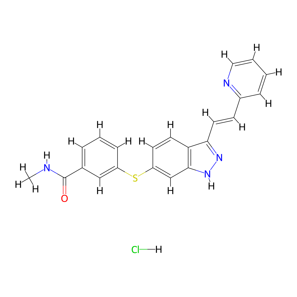 (E)-N-Methyl-3-((3-(2-(pyridin-2-yl)vinyl)-1H-indazol-6-yl)thio)benzamide hydrochloride molecular structure, CAS 319463-51-9