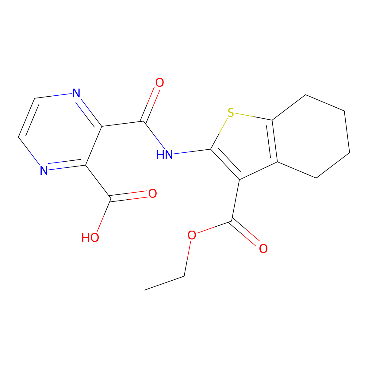 3-((3-(Ethoxycarbonyl)-4,5,6,7-tetrahydrobenzo[b]thiophen-2-yl)carbamoyl)pyrazine-2-carboxylic acid molecular structure, CAS 319490-73-8