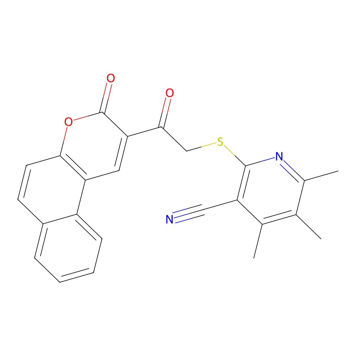 4,5,6-trimethyl-2-((2-oxo-2-(3-oxo-3H-benzo[f]chromen-2-yl)ethyl)thio)nicotinonitrile molecular structure, CAS 319491-22-0