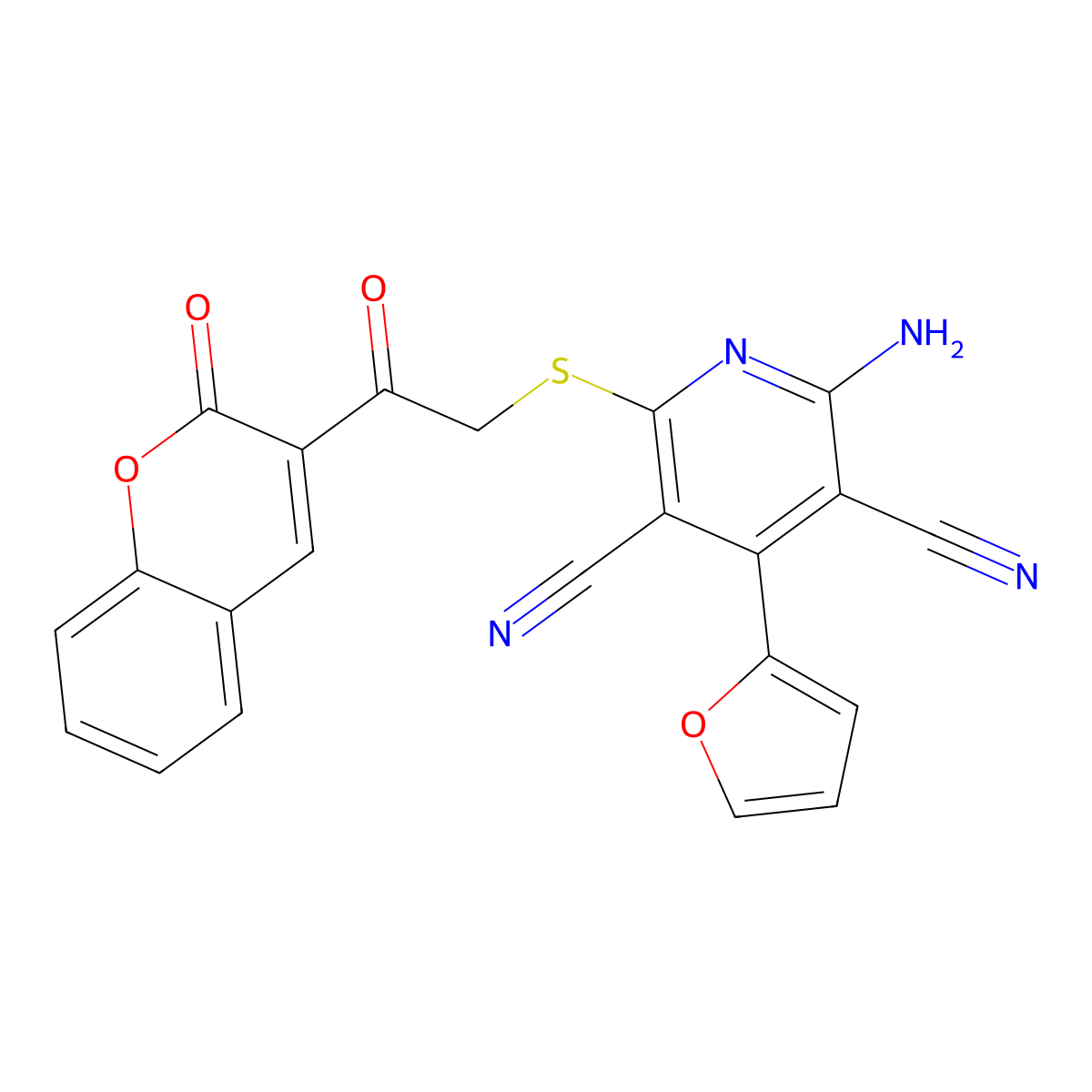 2-Amino-4-(furan-2-yl)-6-[2-oxo-2-(2-oxochromen-3-yl)ethyl]sulfanylpyridine-3,5-dicarbonitrile molecular structure, CAS 319491-34-4