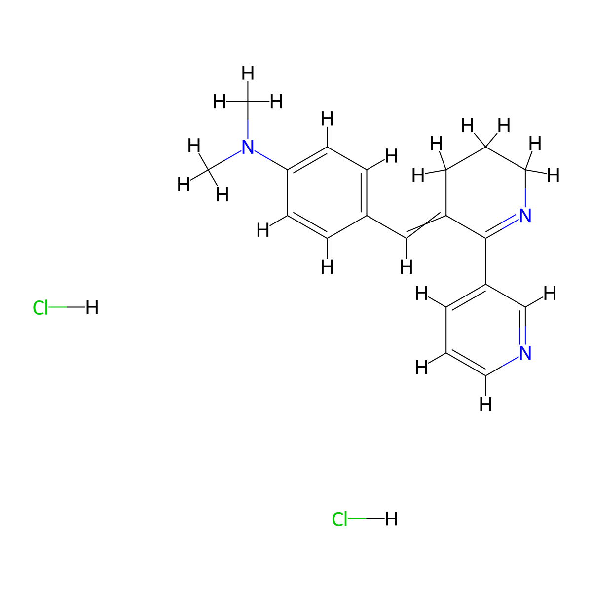 N,N-dimethyl-4-[(6-pyridin-3-yl-3,4-dihydro-2H-pyridin-5-ylidene)methyl]aniline;dihydrochloride molecular structure, CAS 32013-69-7
