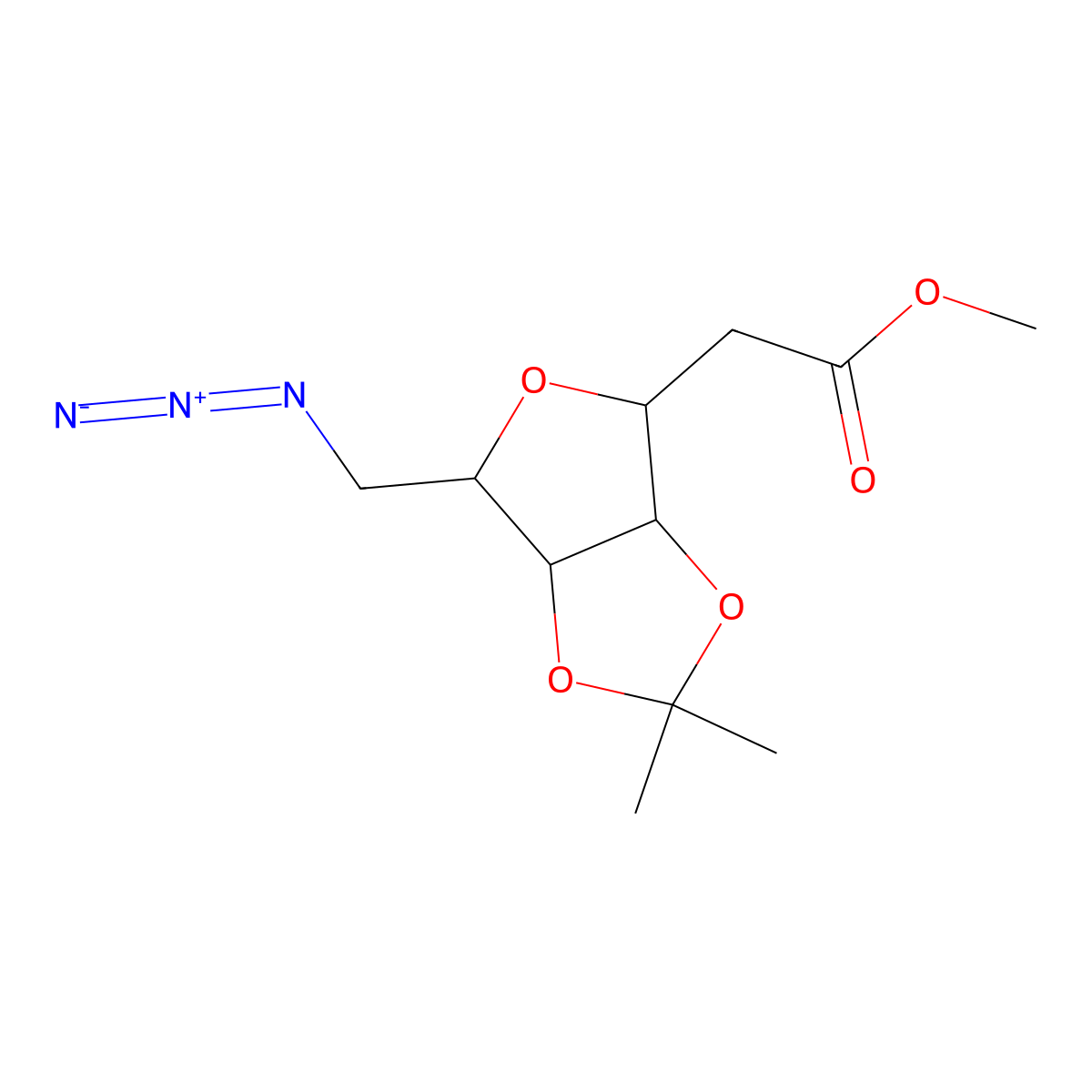 Methyl 2-((3AS,4S,6R,6AR)-6-(azidomethyl)-2,2-dimethyltetrahydrofuro(3,4-D)(1,3)dioxol-4-YL)acetate molecular structure, CAS 320350-51-4