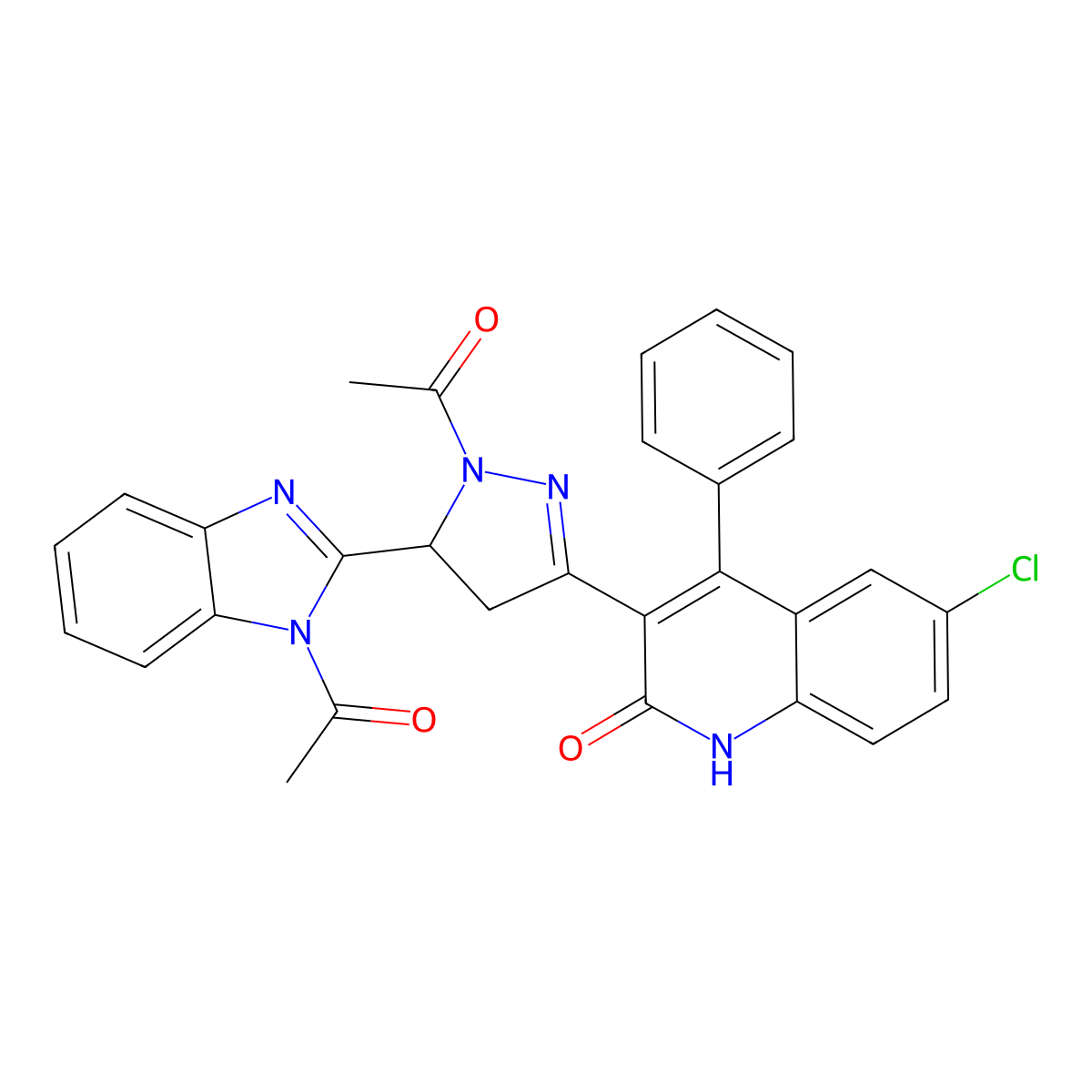 3-(1-acetyl-5-(1-acetyl-1H-benzo[d]imidazol-2-yl)-4,5-dihydro-1H-pyrazol-3-yl)-6-chloro-4-phenylquinolin-2(1H)-one molecular structure, CAS 320368-06-7