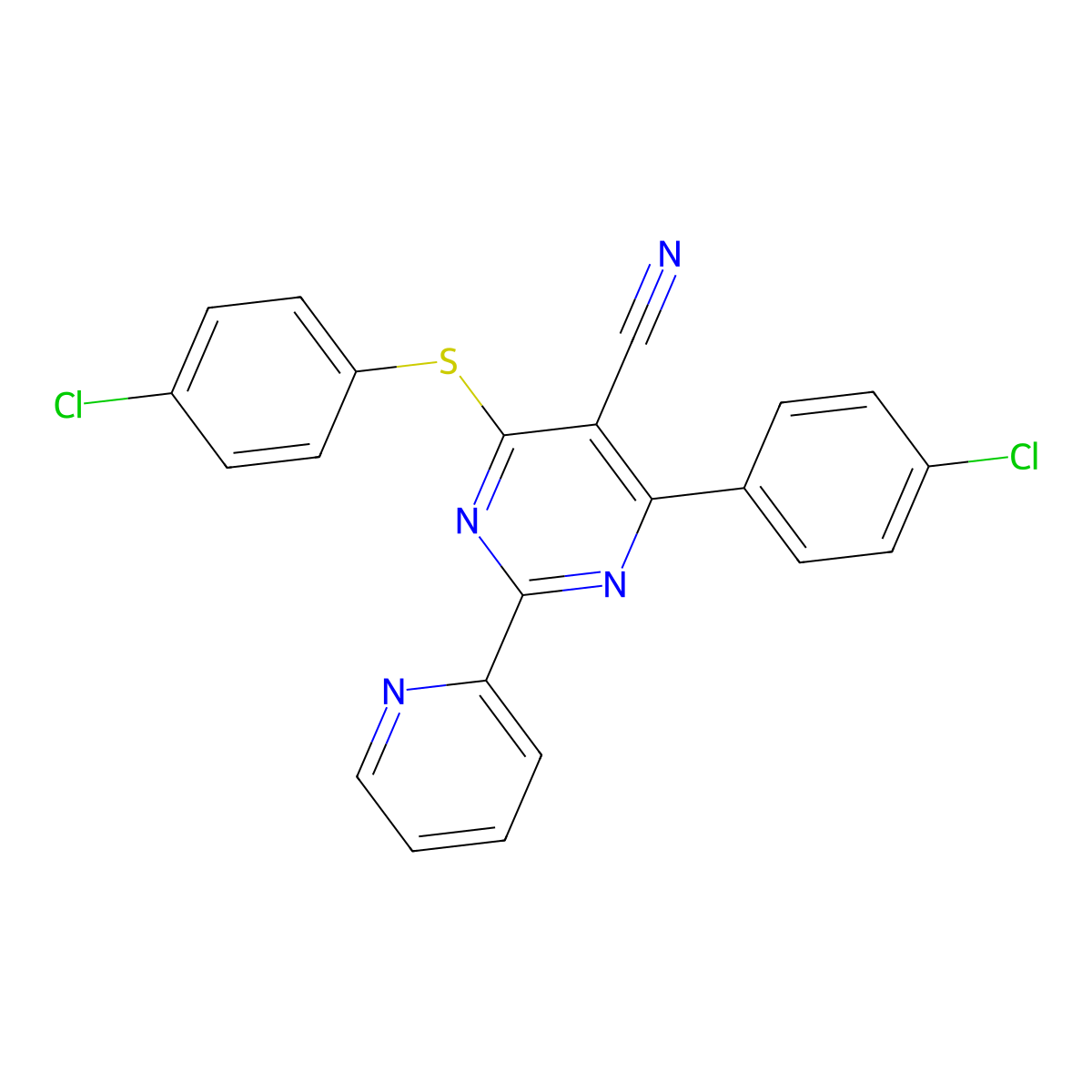 4-(4-Chlorophenyl)-6-((4-chlorophenyl)sulfanyl)-2-(2-pyridinyl)-5-pyrimidinecarbonitrile molecular structure, CAS 320417-49-0