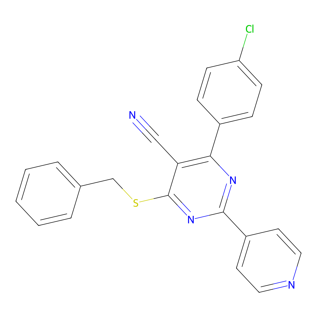 4-(Benzylsulfanyl)-6-(4-chlorophenyl)-2-(4-pyridinyl)-5-pyrimidinecarbonitrile molecular structure, CAS 320418-10-8
