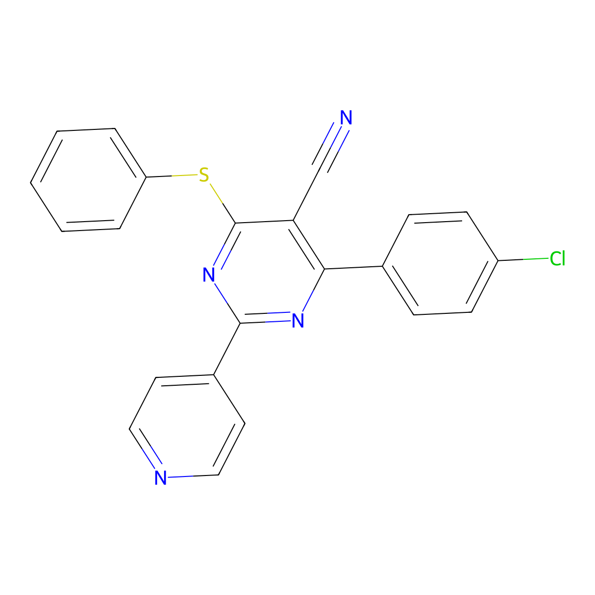 4-(4-Chlorophenyl)-6-(phenylsulfanyl)-2-(4-pyridinyl)-5-pyrimidinecarbonitrile molecular structure, CAS 320418-11-9