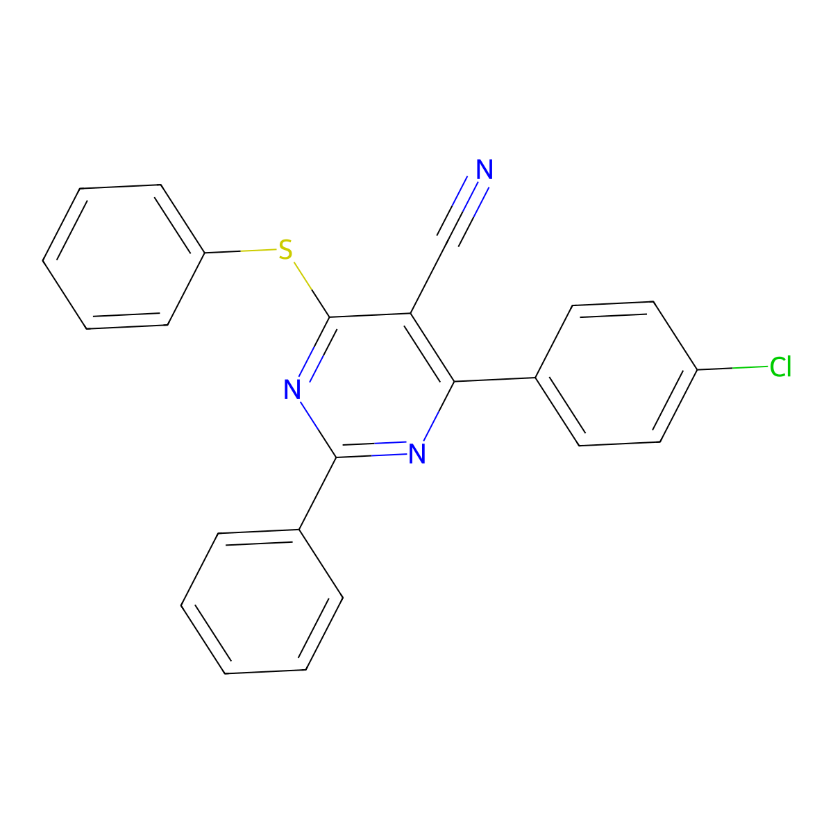 4-(4-Chlorophenyl)-2-phenyl-6-(phenylsulfanyl)-5-pyrimidinecarbonitrile molecular structure, CAS 320418-48-2
