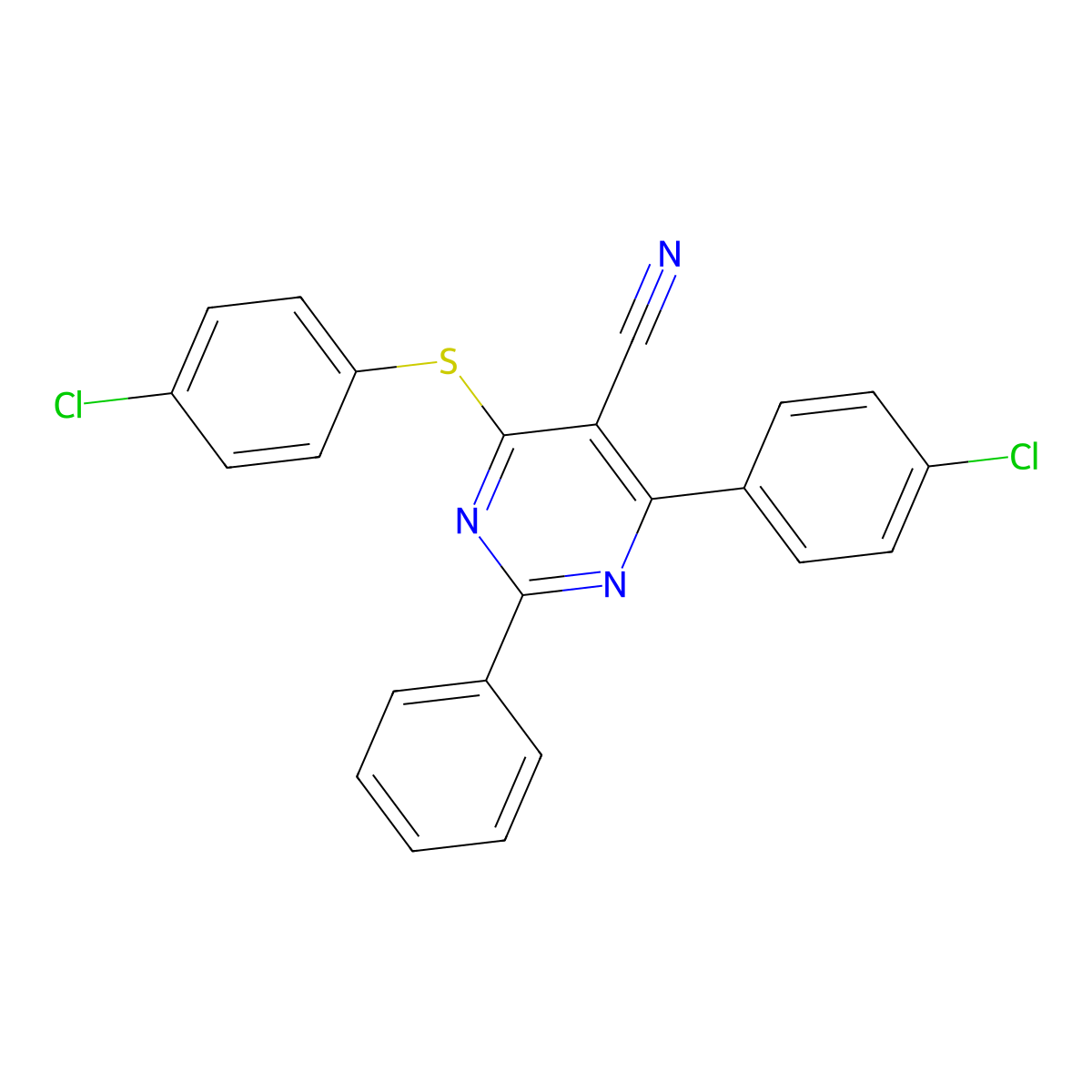 4-(4-Chlorophenyl)-6-[(4-chlorophenyl)sulfanyl]-2-phenyl-5-pyrimidinecarbonitrile molecular structure, CAS 320418-49-3