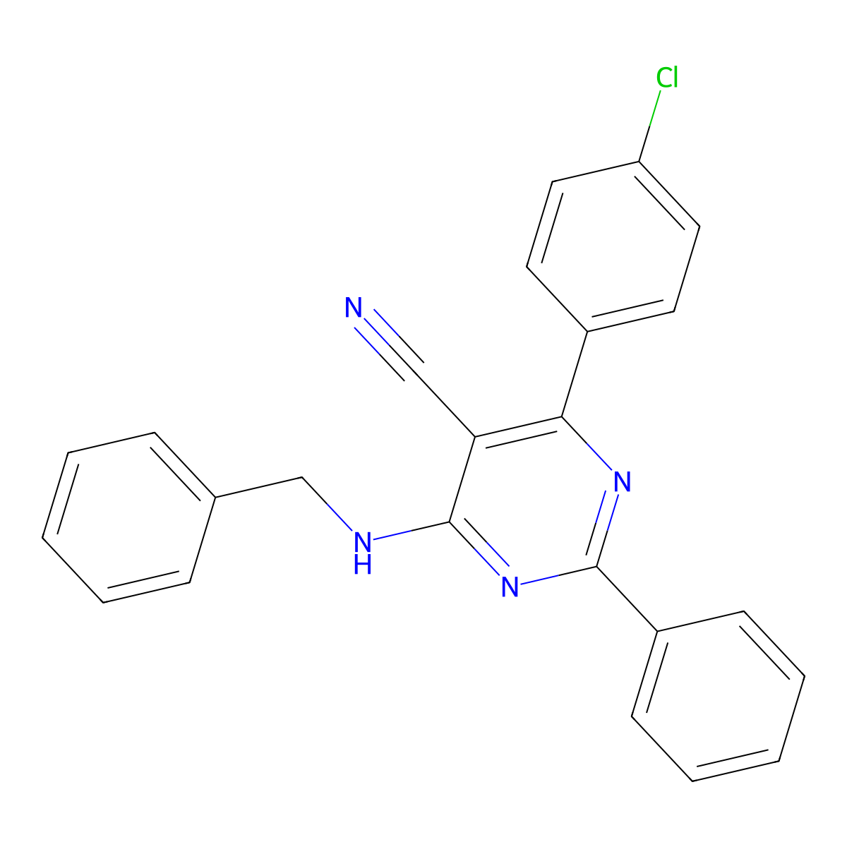 4-(Benzylamino)-6-(4-chlorophenyl)-2-phenyl-5-pyrimidinecarbonitrile molecular structure, CAS 320418-67-5