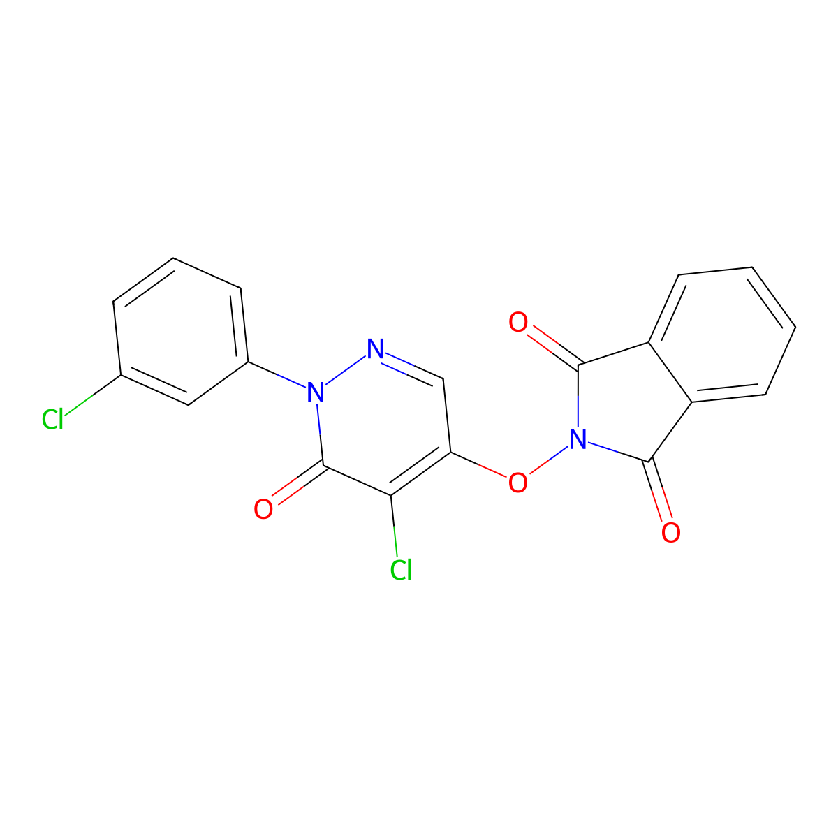 2-((5-Chloro-1-(3-chlorophenyl)-6-oxo-1,6-dihydro-4-pyridazinyl)oxy)-1H-isoindole-1,3(2H)-dione molecular structure, CAS 320421-77-0
